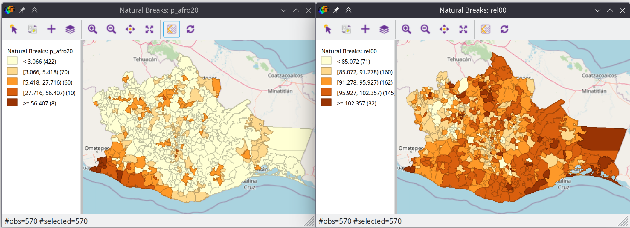 Population of African descent(left image) and human sex rate (right image) in Oaxaca municipalities, Mexico