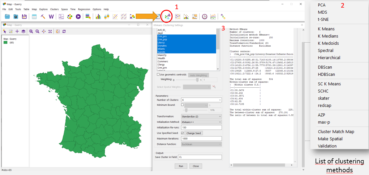 1 - button with clustering tools, 2 - clustering methods? 3 - window with option of clustering