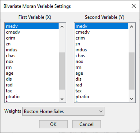 Bivariate Moran's menu