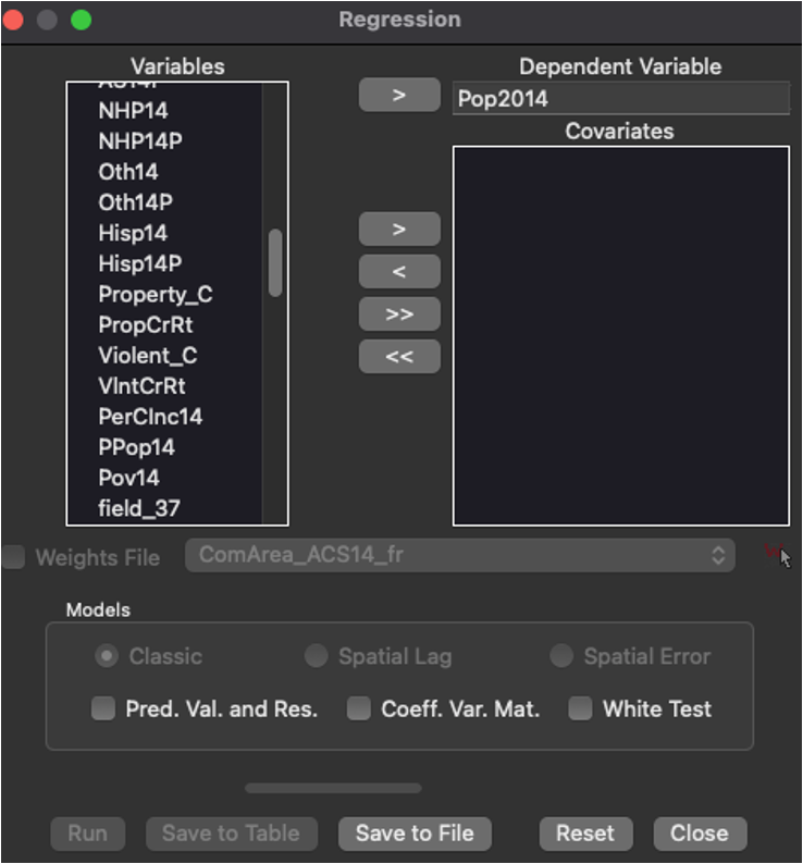 Settings of the regression